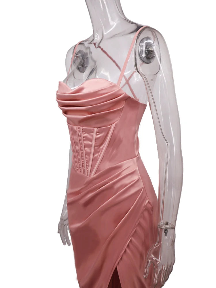 New Summer Prom Dress Women'S Sling Sleeveless Solid Color Dress One Word Neck Slim Fit Open Back Slit Red Sexy Dress