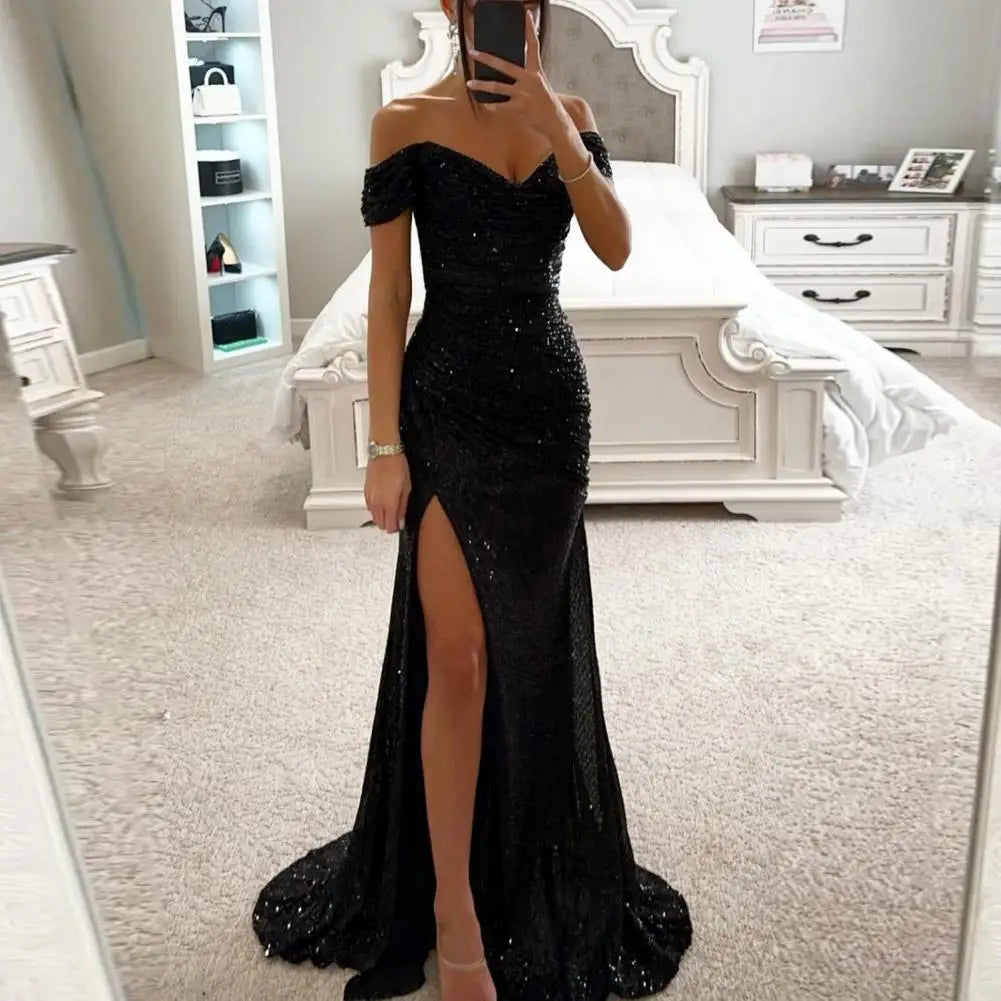 Elegant Gown Dress V-Neck Off Shoulder Maxi Dress Sequin Pleated Waist Tight Evening Party Dress Sexy Split Long Dreses
