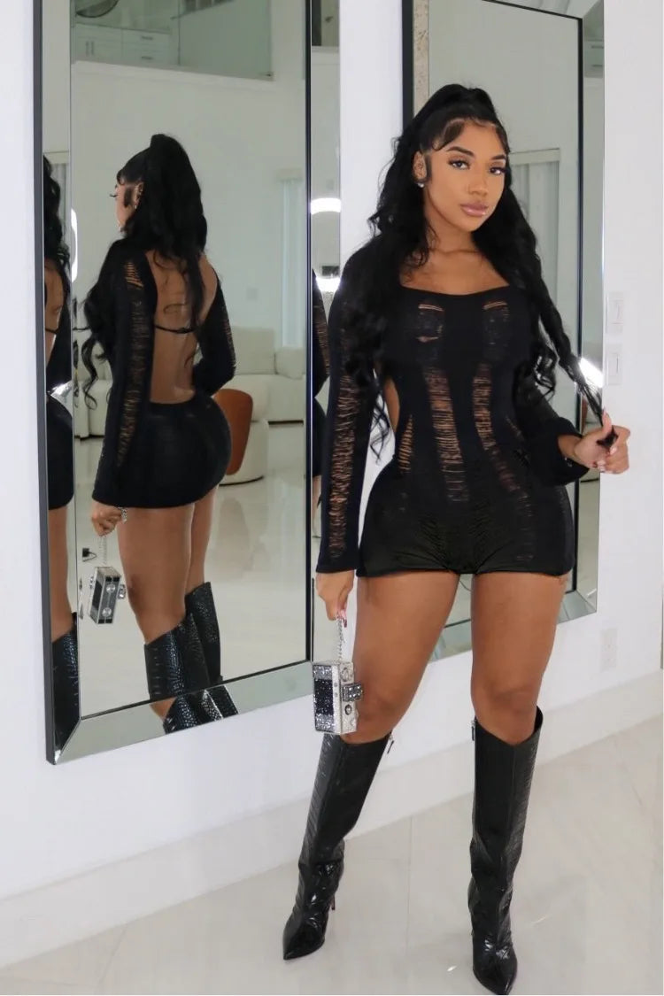 Leosoxs Rip Romper Women See Through Summer One Word Collar Backless Sexy Skinny Fitness Playsuit Activity Party Clubwear