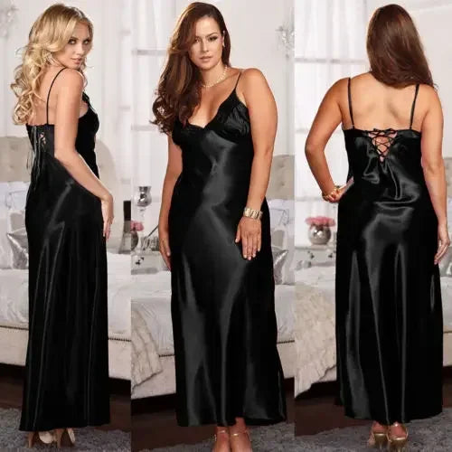 Ladies Night Long Hot Dress Womens Satin Silk Lace Sleeveless Embroidery Sexy Costumes Exotic Pajamas Favorite Life Interest