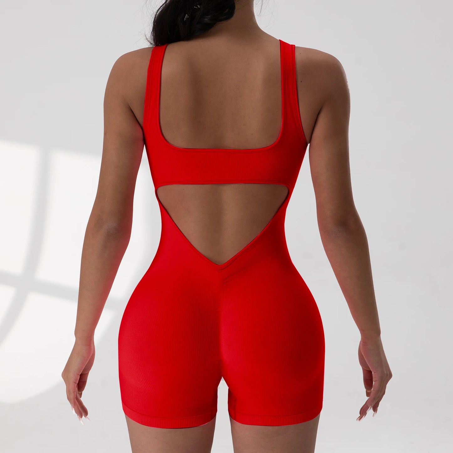 Sexy Backless Women Rompers U Neck Sleeveless Threaded Jumpsuit Solid Color Elastic Bodysuit Without Bust Pads Streetwear