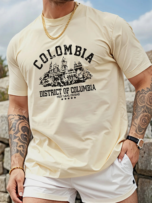 Men's summer 100% pure cotton fashionable casual loose Colombian architectural letter printed round neck short sleeved T-shirt