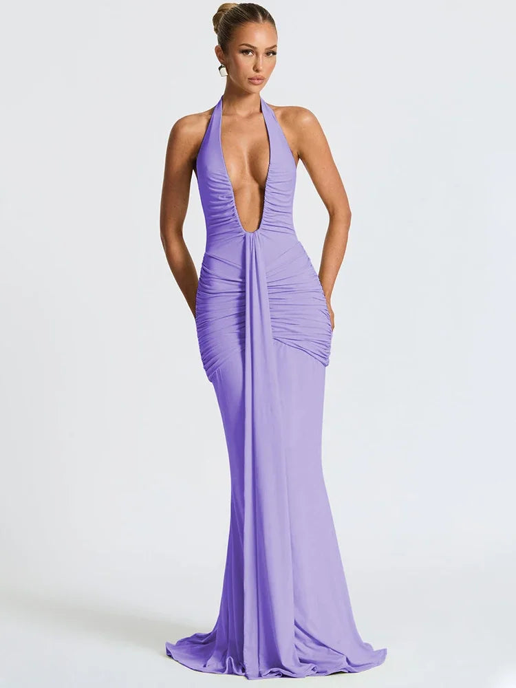 Suninbox Deep V Neck Backless Ruched Sexy Maxi Dress Women Gown Summer Halter Sleeveless Draped Club Party Long Dress 2025