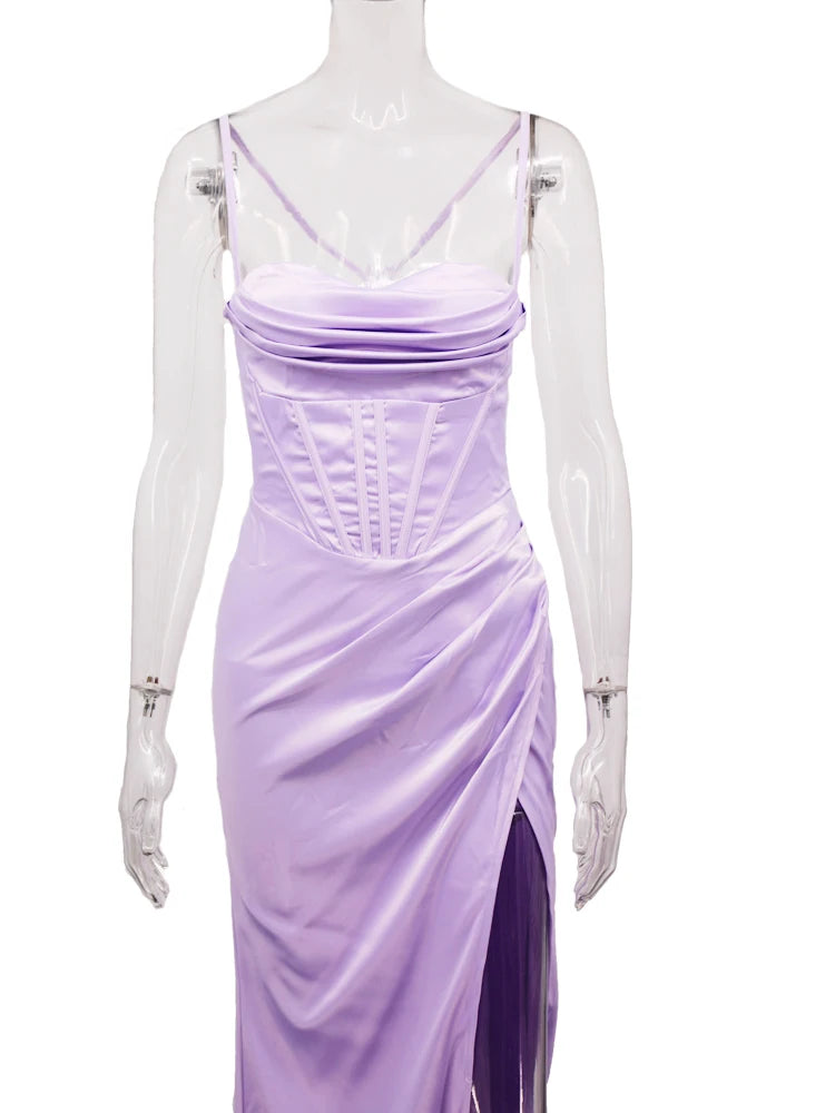 New Summer Prom Dress Women'S Sling Sleeveless Solid Color Dress One Word Neck Slim Fit Open Back Slit Red Sexy Dress