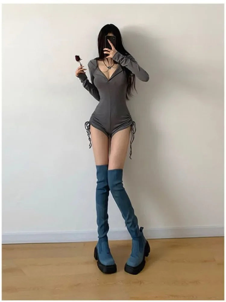 New Women Sexy Wasteland Style Hooded Rompers Spring Summer Solid Color Thin Long Sleeve Drawstring Shorts Spicy Girl Jumpsuit