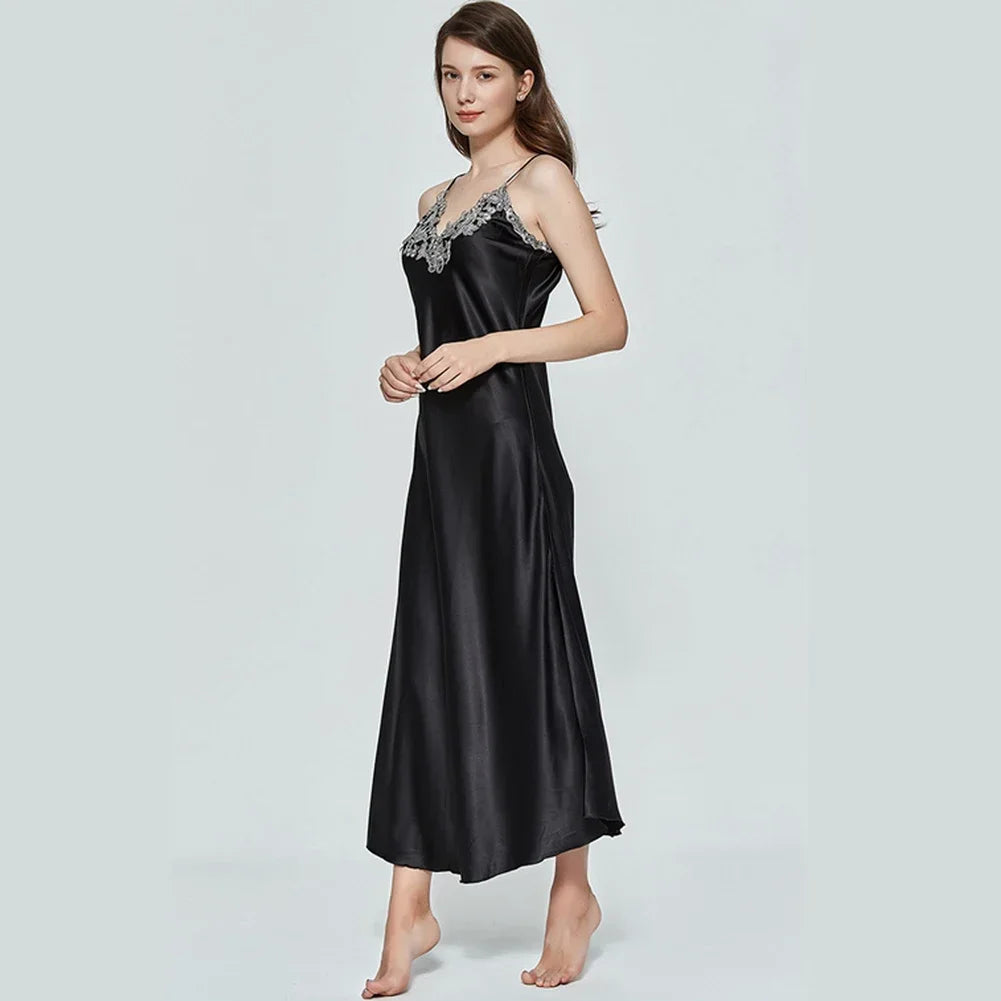 Ladies Night Long Hot Dress Womens Satin Silk Lace Sleeveless Embroidery Sexy Costumes Exotic Pajamas Favorite Life Interest