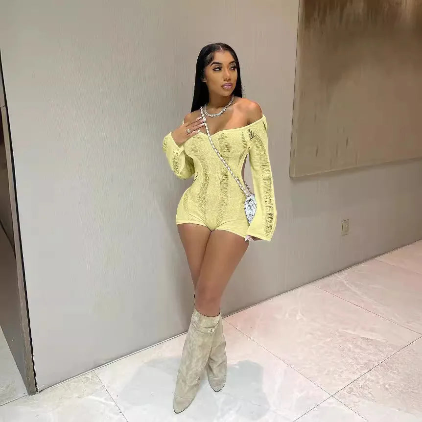 Leosoxs Rip Romper Women See Through Summer One Word Collar Backless Sexy Skinny Fitness Playsuit Activity Party Clubwear