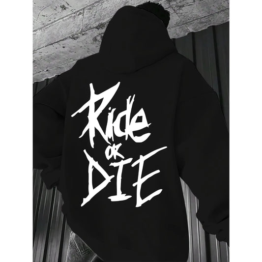 Hip Hop Long Sleeve HoodieHip Hop Long Sleeve Hoodie Men’s Hoodie with Ride or Die Letter Print Graphic Oversized Pullover