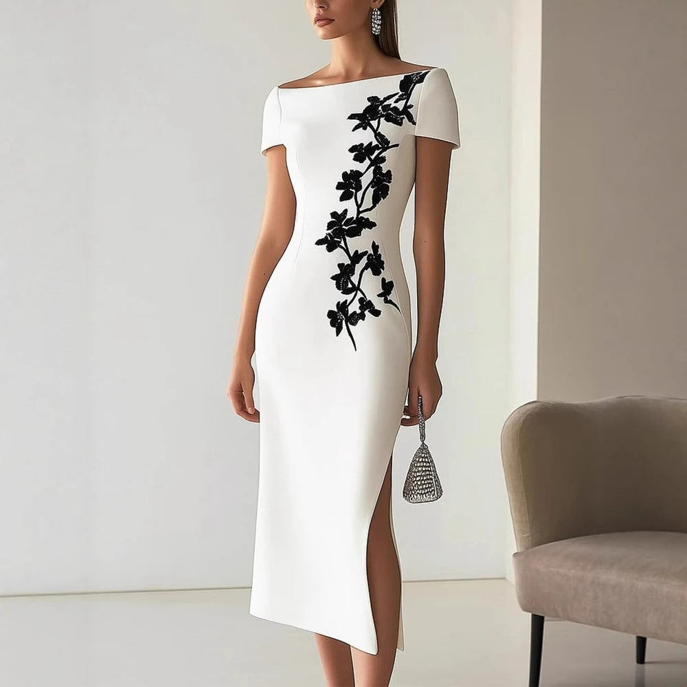 Elegant Floral Printed Women's Evening Dress Off-Shoulder Short Sleeve Slim Summer Dress High Waist Split Office Ladies Dresses