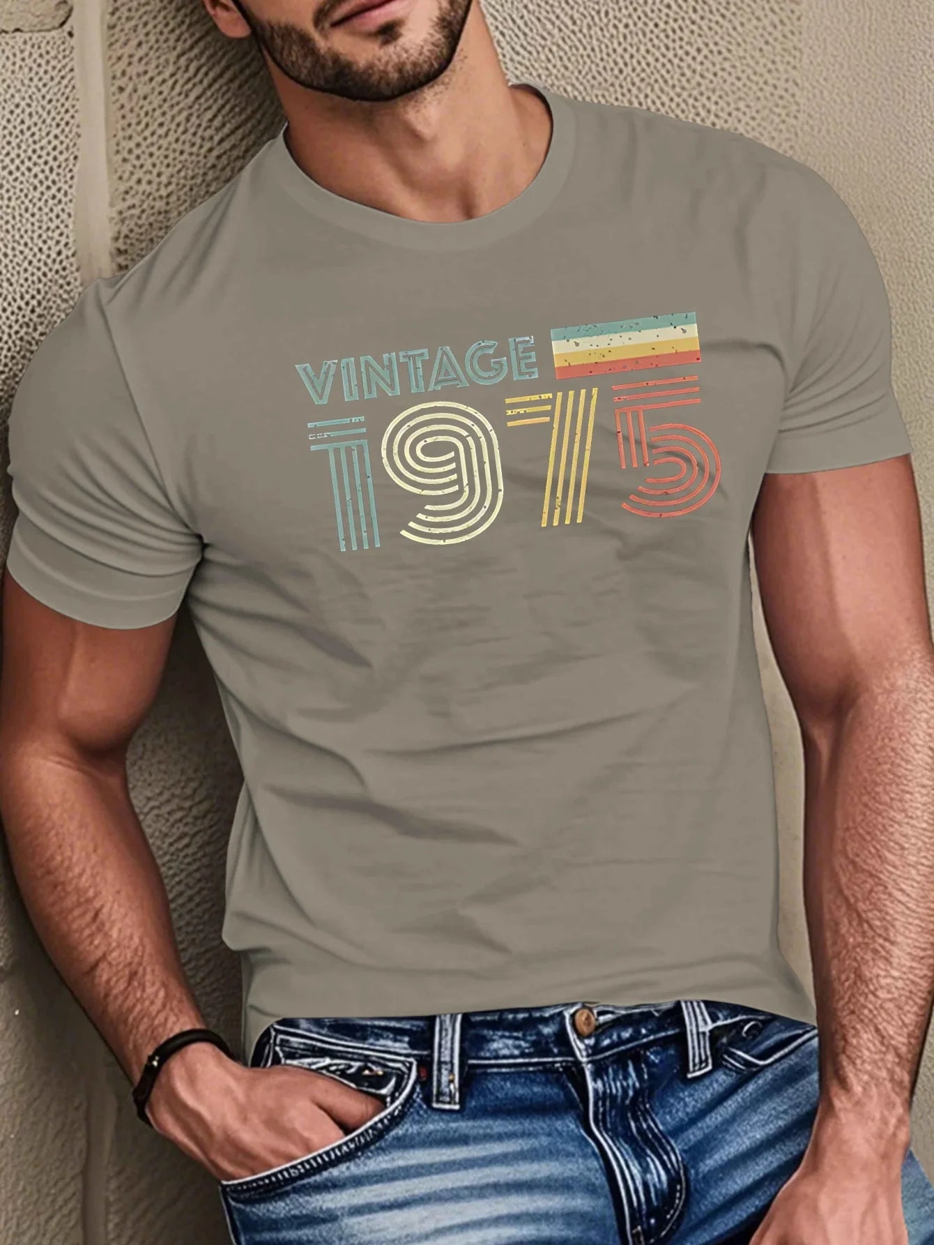 Men's summer 100% pure cotton fashionable casual loose vintage 1975 letter printed sports round neck short sleeved T-shirt top