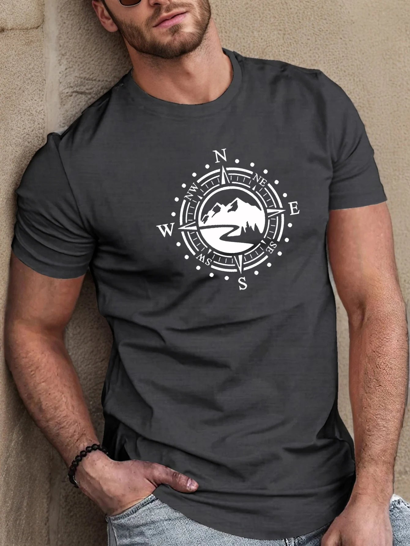 Men's summer 100 cotton fashionable casual loose plus size Compass pattern printed sports round neck short sleeved T-shirt top