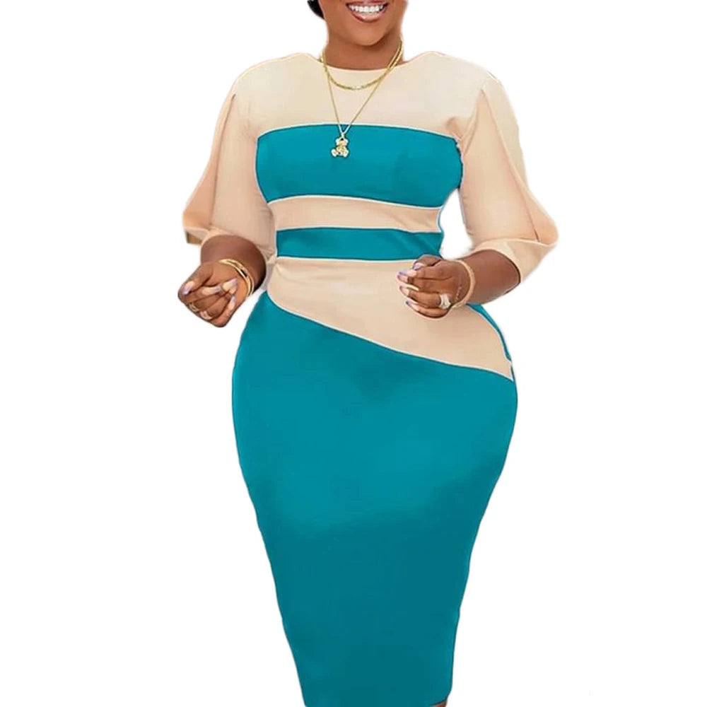 Elegant Church Dresses for Women 2023 New Arrivals Fashion Two Color Patchwork Fitted Ladies Knee Length Formal African Dress