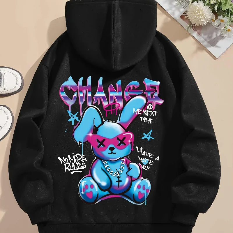 Rabbit print hoodie drawstring casual hooded sweatshirt men and women street style hoodie top