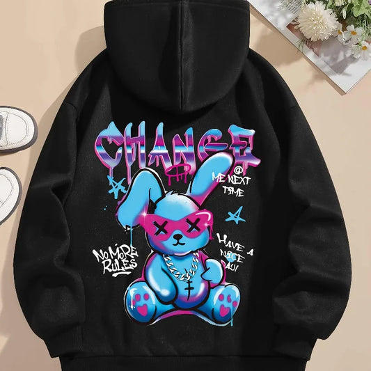 Rabbit print hoodie drawstring casual hooded sweatshirt men and women street style hoodie top