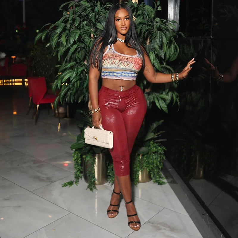 CUTENOVA Sexy Snake Print Solid Color Glossy Elastic High-Waisted Seven-Minute Casual Pants Summer New Women'S Clothing