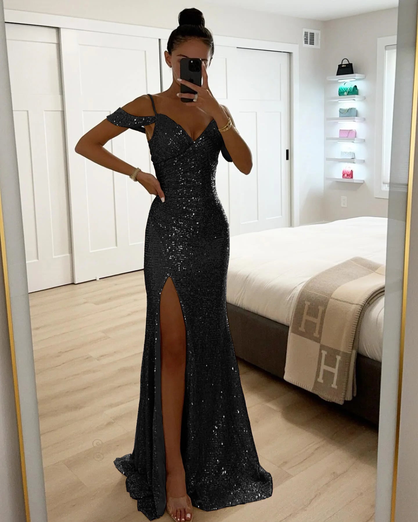 Ladies Fashion V Neck Shiny Sequin Party Dress Elegant Wrap Chest Slim Long Dress 2025 Casual Solid Color Split Evening Dresses