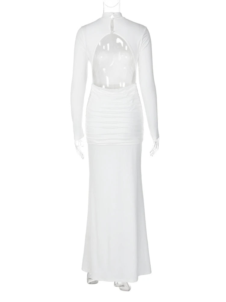Elegant Backless Long Party Dresses for Women 2025 Autumn Long Sleeve High Waist Bodycon Tunics Folds Maxi Evening Prom Dress