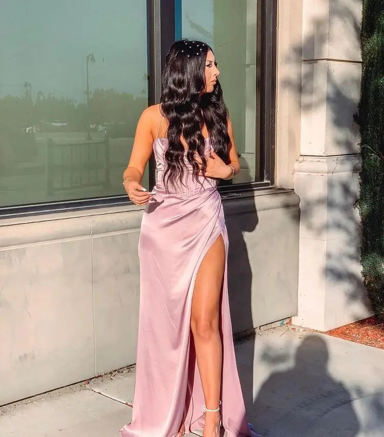 New Summer Prom Dress Women'S Sling Sleeveless Solid Color Dress One Word Neck Slim Fit Open Back Slit Red Sexy Dress