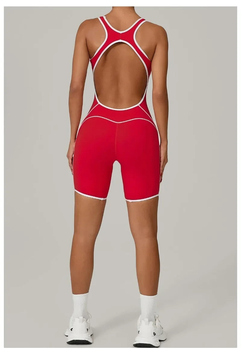 New Women's Seamless Yoga Romper - Fashion Open Back Color Contrast Sculpting Butt-Lifting Bodysuit for Running Gym Workout