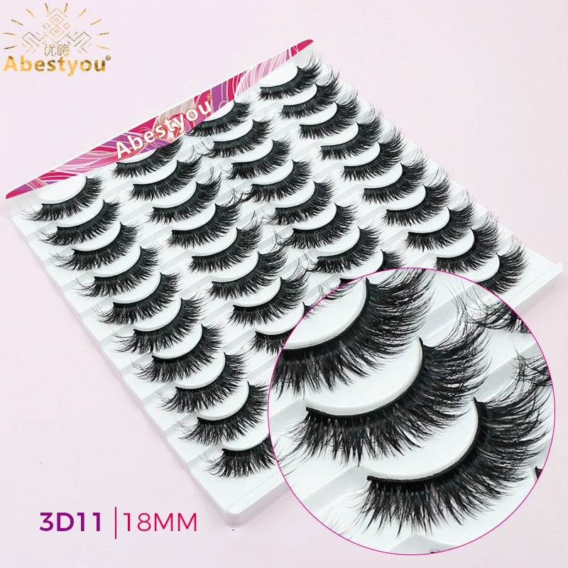 Abestyou 11-18mm 20pairs Natural Fake EyeLashes Book Individual Wispy Thick Faux Mink Cat Eye Lashes Makeup Tools