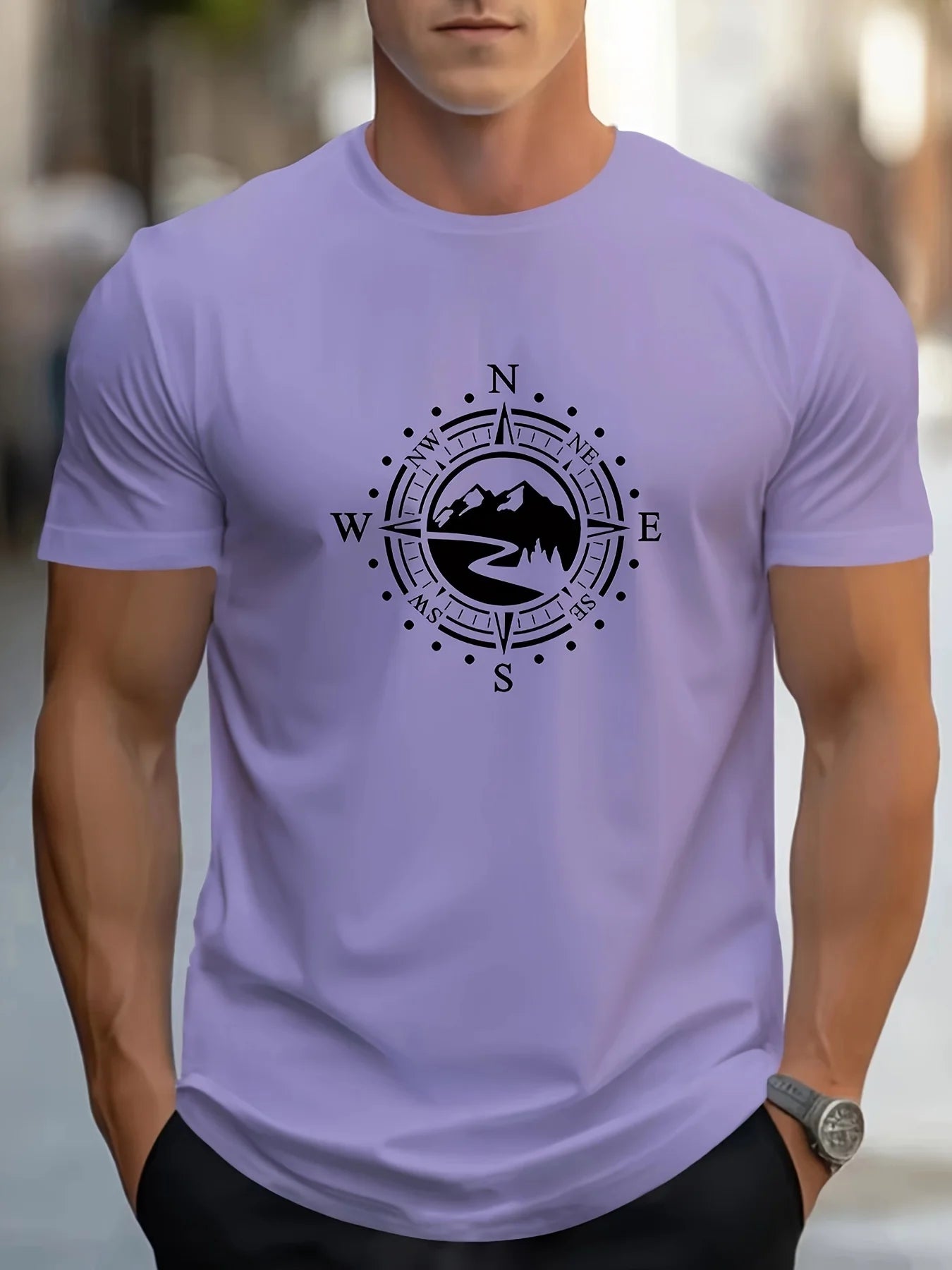 Summer Men's 100% Cotton Casual Loose Large Compass Pattern Printed Sports Comfortable Round Neck Short Sleeve T-shirt Top