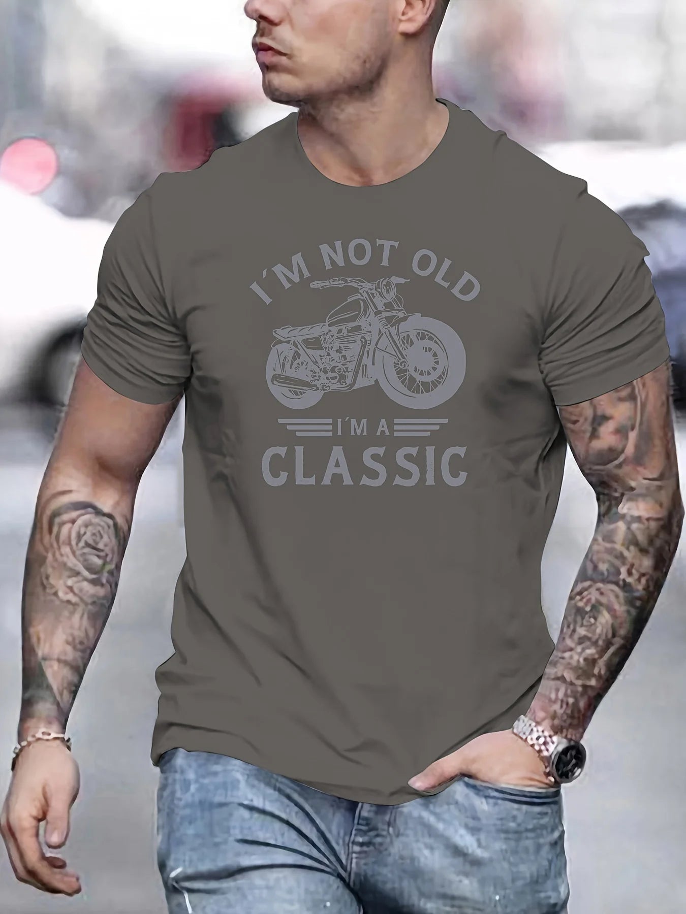 Summer men's 100% pure cotton casual loose oversized classic motorcycle creative printed round neck short sleeved T-shirt top