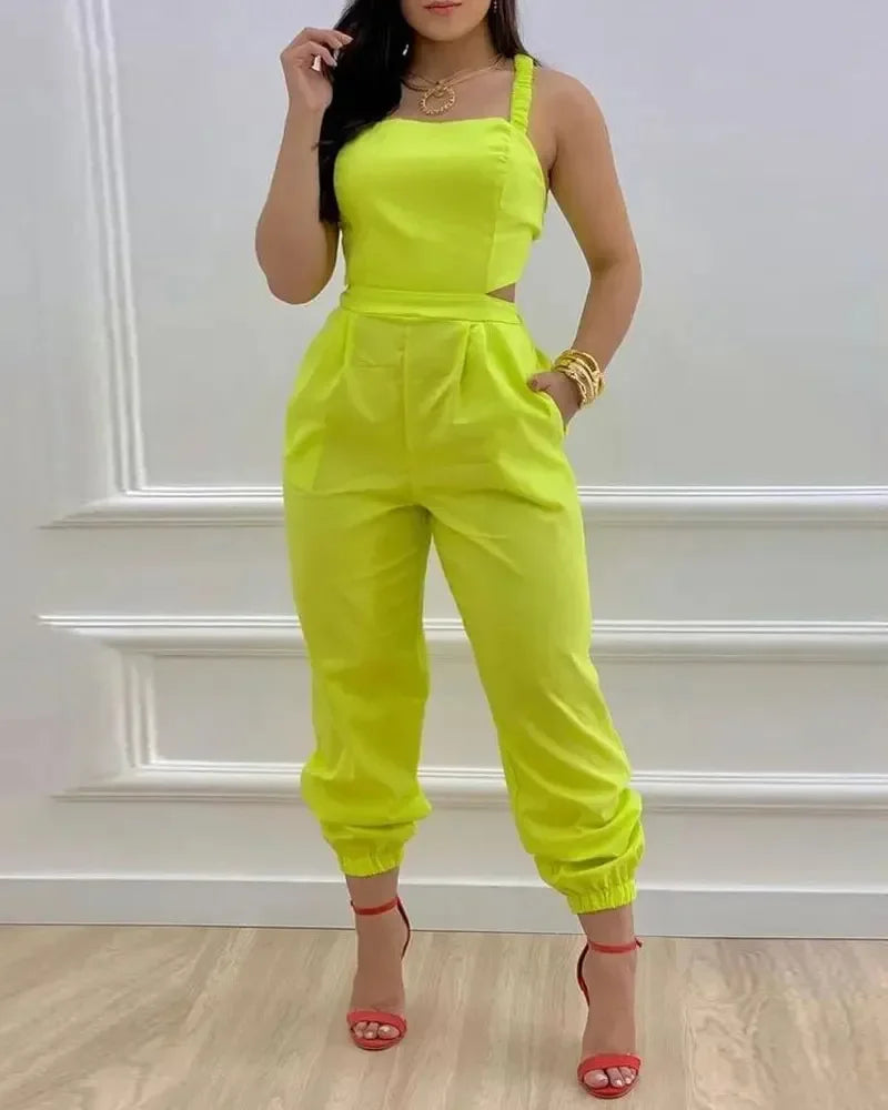 Women Printed Letter Jumpsuits Sleeveless V Neck Suspenders Backless High Waist Trousers Overall Rompers Pockets One Piece