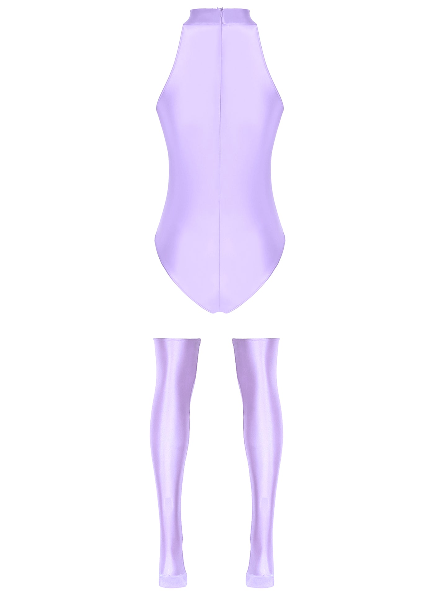 Womens Glossy Bodysuit Swimsuit Solid Color Mock Neck Sleeveless Leotard with Thigh High Stockings Swimwear Nightwear Clubwear