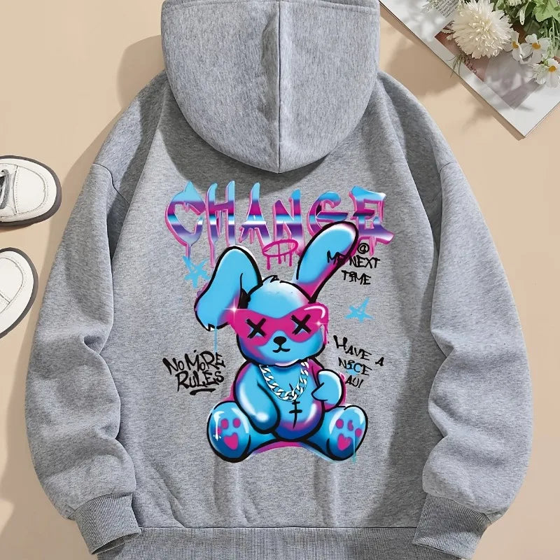 Rabbit print hoodie drawstring casual hooded sweatshirt men and women street style hoodie top