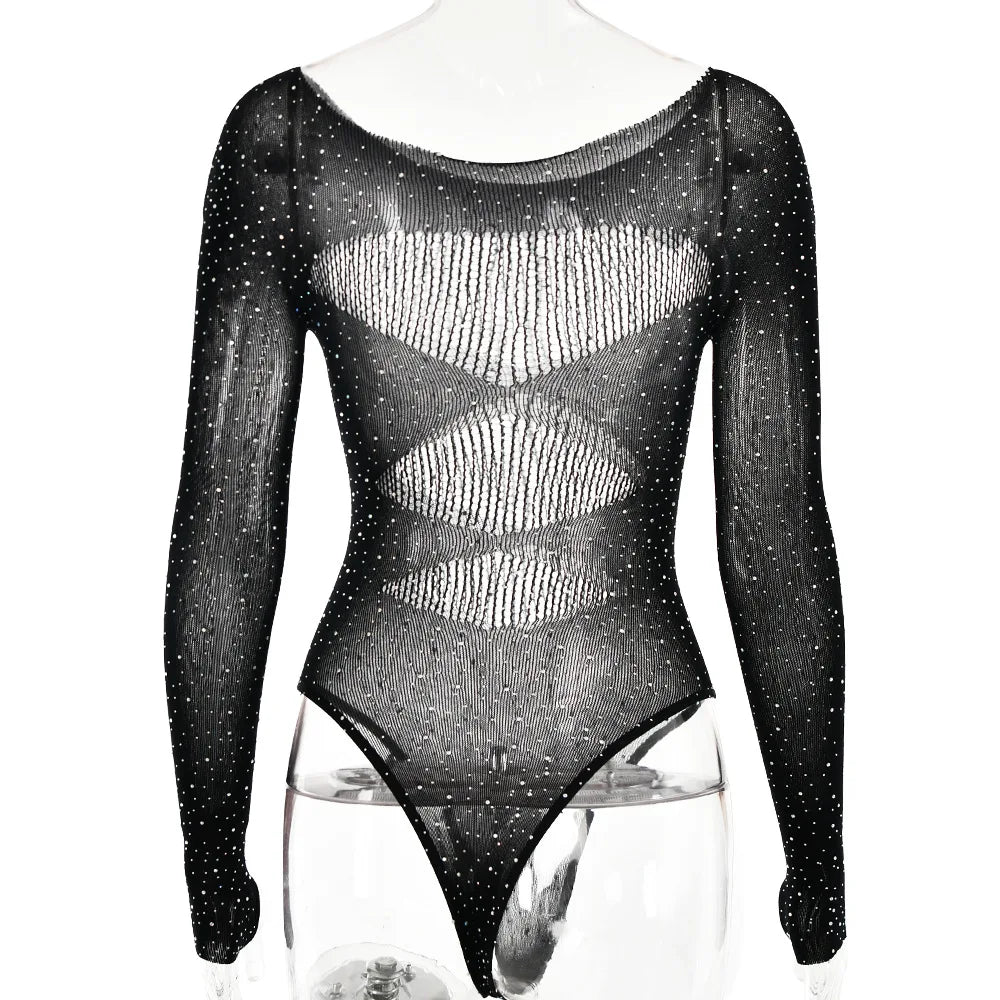 Long sleeve bodysuits sexy Summer outfit body suits women y2k clothes black bodysuit knitted rhinestone body suits seethrough