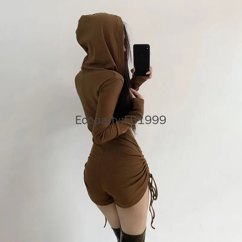 New Women Sexy Wasteland Style Hooded Rompers Spring Summer Solid Color Thin Long Sleeve Drawstring Shorts Spicy Girl Jumpsuit