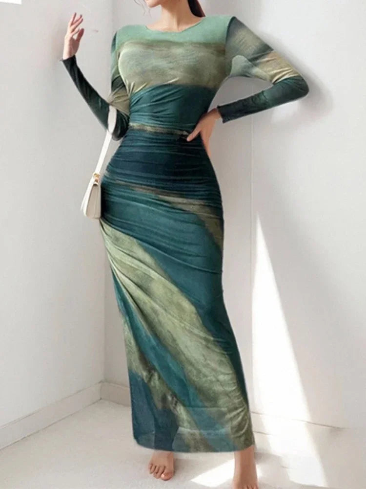 Elegant Womens Dresses Spring Autumn Sexy Stripe Long Sleeves O Neck Dress Fashionable Slim Fit High Waisted Hip Hugging Dress