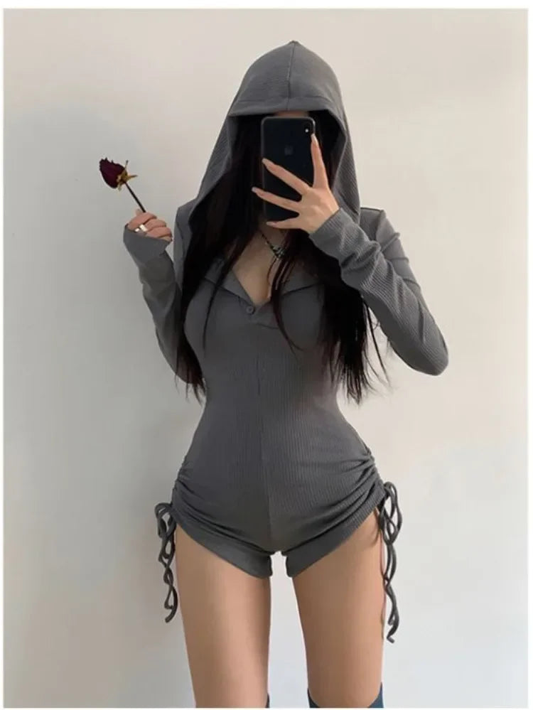 New Women Sexy Wasteland Style Hooded Rompers Spring Summer Solid Color Thin Long Sleeve Drawstring Shorts Spicy Girl Jumpsuit