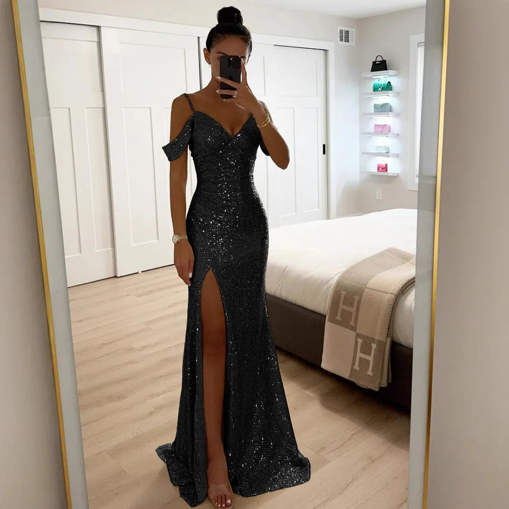 Ladies Fashion V Neck Shiny Sequin Party Dress Elegant Wrap Chest Slim Long Dress 2025 Casual Solid Color Split Evening Dresses
