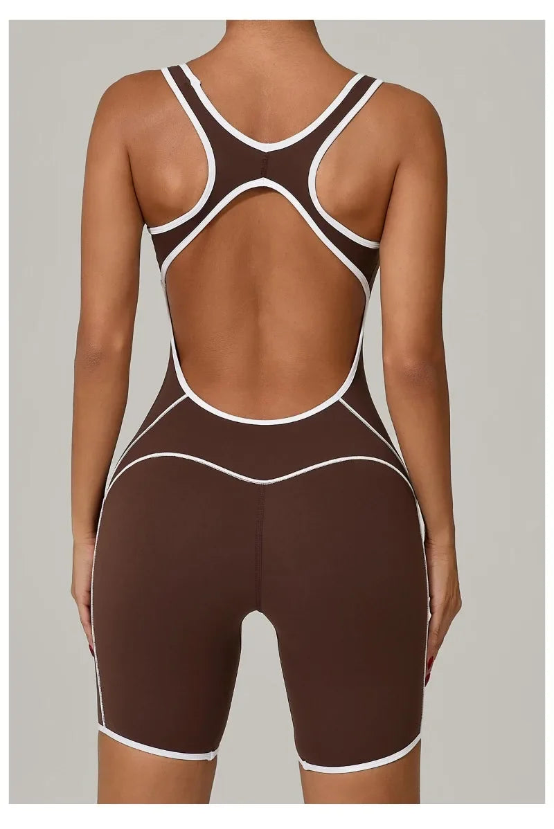 New Women's Seamless Yoga Romper - Fashion Open Back Color Contrast Sculpting Butt-Lifting Bodysuit for Running Gym Workout