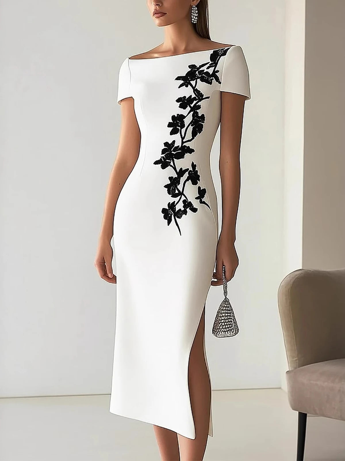 Elegant Floral Printed Women's Evening Dress Off-Shoulder Short Sleeve Slim Summer Dress High Waist Split Office Ladies Dresses