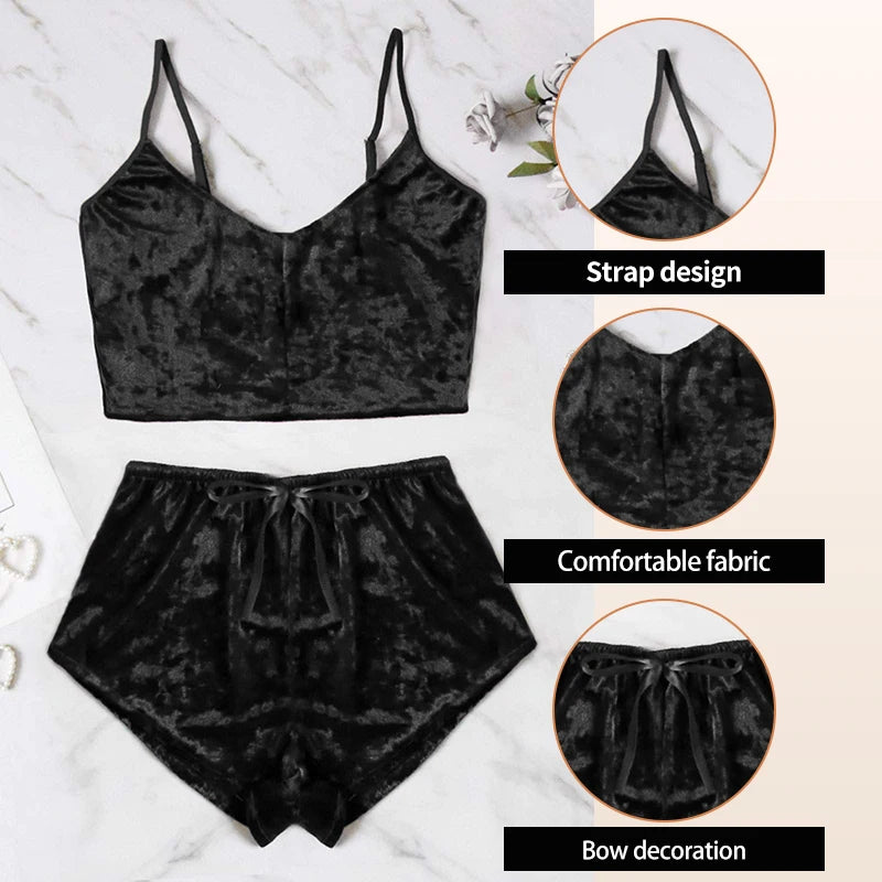 Women's Sexy Suspender Sleepwear Set Black Gold Velvet Two-Piece Set Suspender Home Women's Sleepwear Set