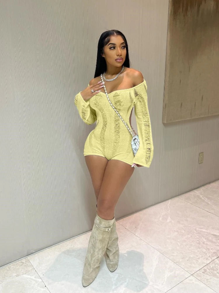 Leosoxs Rip Romper Women See Through Summer One Word Collar Backless Sexy Skinny Fitness Playsuit Activity Party Clubwear