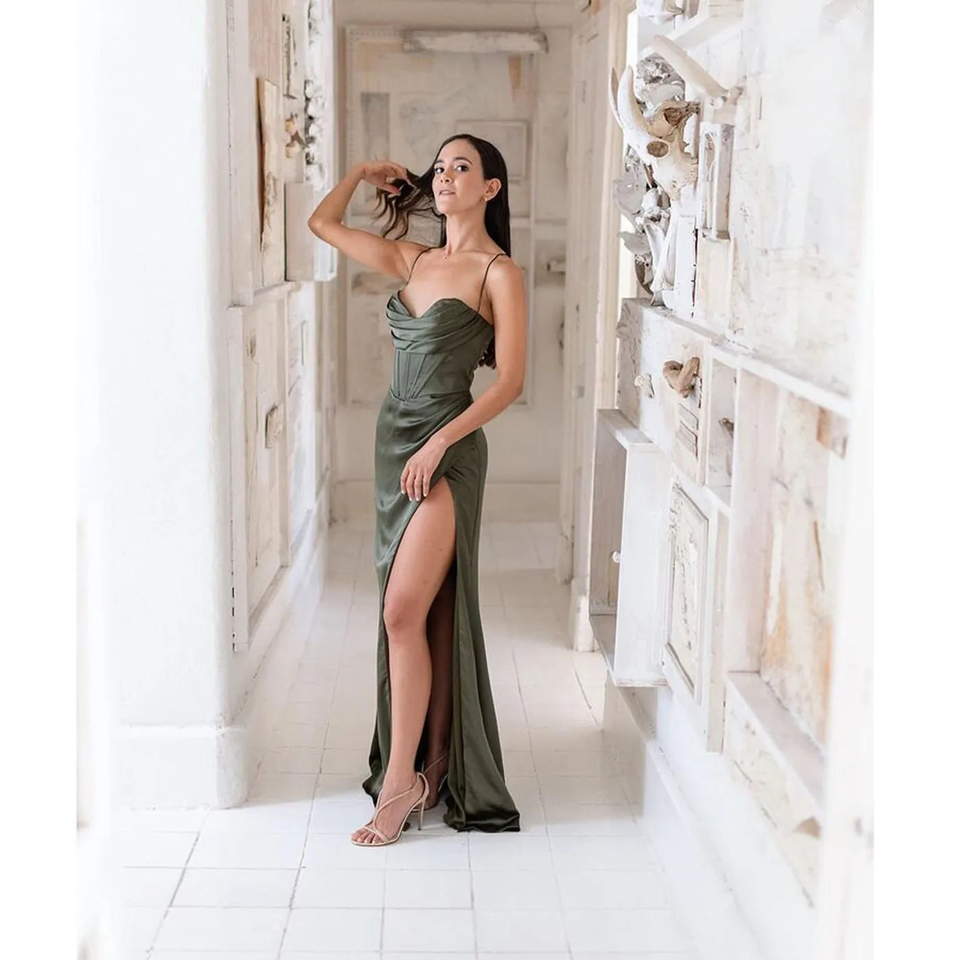 New Summer Prom Dress Women'S Sling Sleeveless Solid Color Dress One Word Neck Slim Fit Open Back Slit Red Sexy Dress