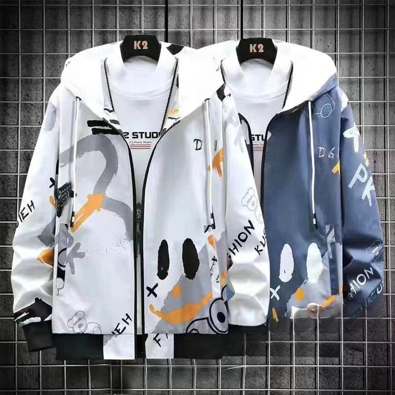 Graffiti Zipper Sweater Men's New Graffiti Hooded Jacket Versatile Loose Casual Trend Top Sunscreen Breathable Cardigan for Men