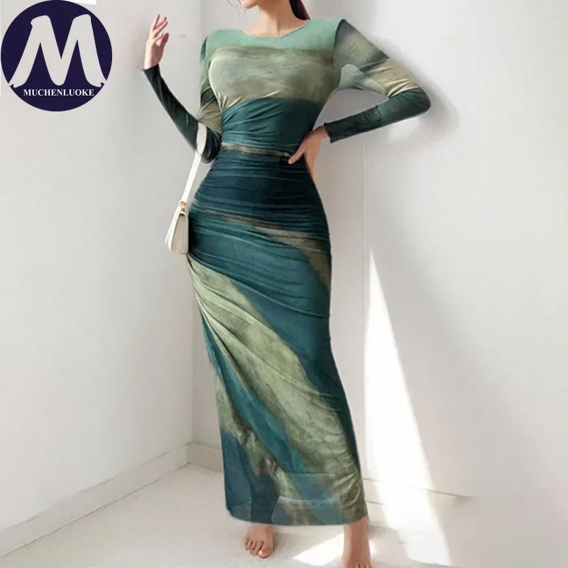 Elegant Womens Dresses Spring Autumn Sexy Stripe Long Sleeves O Neck Dress Fashionable Slim Fit High Waisted Hip Hugging Dress