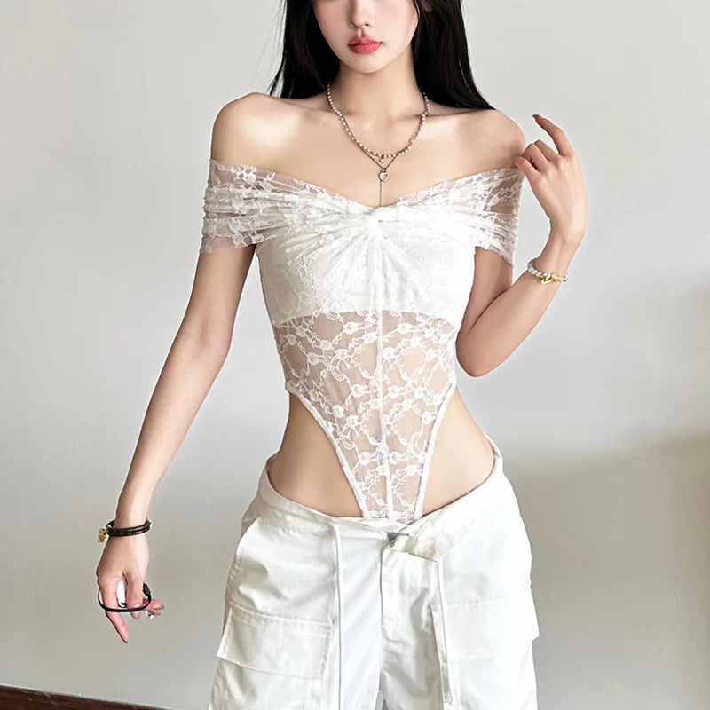 Solid Bodysuit Off Shoulder Lingerie Sexy Body Feminino See Through Lace One-pieces Bustier Black Tops Women Festival Outfits