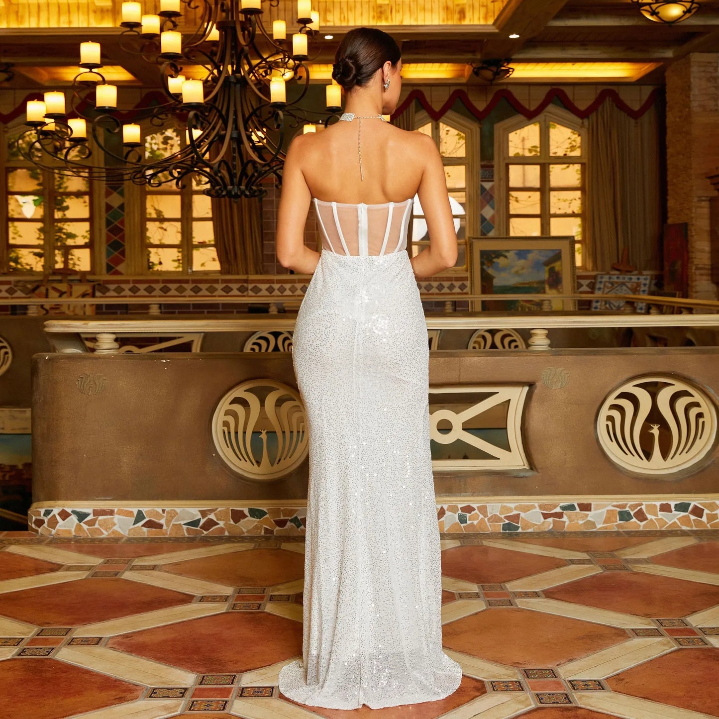 Long Dress Elegant Prom Dresses Strapless Evening Dresses Sleeveless Robes For Formal Party Sexy Tube Sequin Patchwork Silver