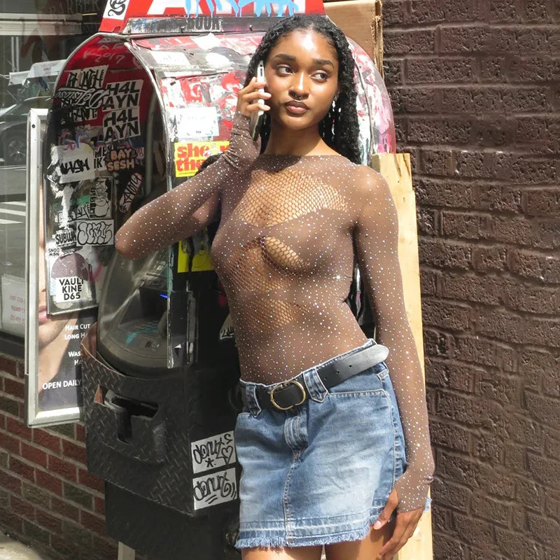 Long sleeve bodysuits sexy Summer outfit body suits women y2k clothes black bodysuit knitted rhinestone body suits seethrough