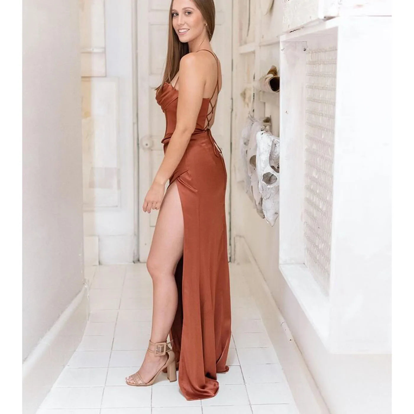 New Summer Prom Dress Women'S Sling Sleeveless Solid Color Dress One Word Neck Slim Fit Open Back Slit Red Sexy Dress