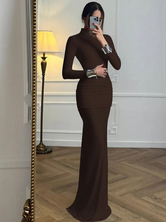 Elegant Backless Long Party Dresses for Women 2025 Autumn Long Sleeve High Waist Bodycon Tunics Folds Maxi Evening Prom Dress