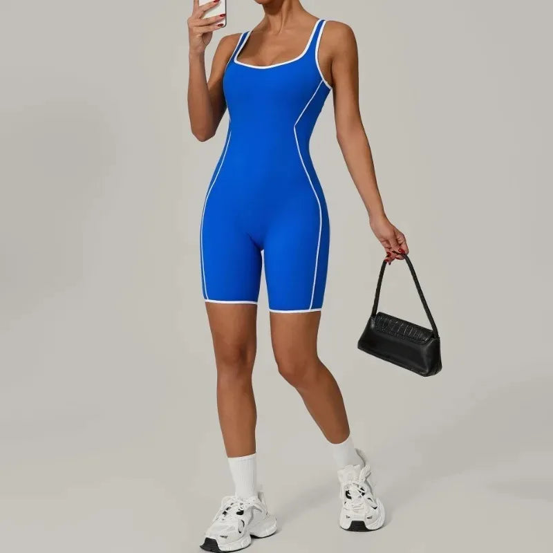 New Women's Seamless Yoga Romper - Fashion Open Back Color Contrast Sculpting Butt-Lifting Bodysuit for Running Gym Workout