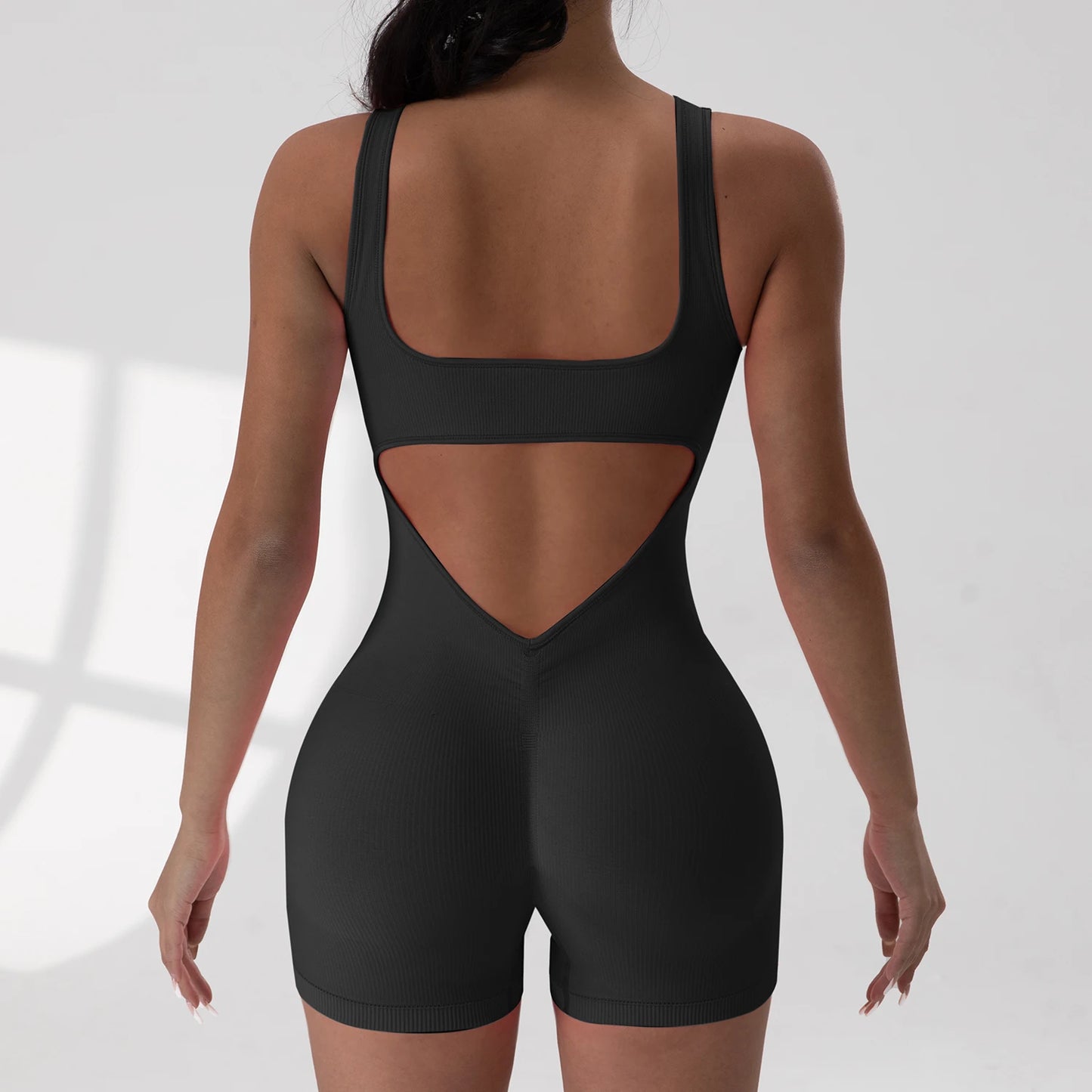 Sexy Backless Women Rompers U Neck Sleeveless Threaded Jumpsuit Solid Color Elastic Bodysuit Without Bust Pads Streetwear