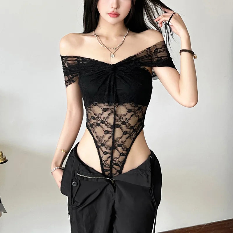 Solid Bodysuit Off Shoulder Lingerie Sexy Body Feminino See Through Lace One-pieces Bustier Black Tops Women Festival Outfits
