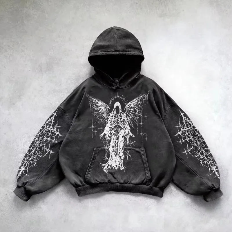 6xl Retro Gothic Evil Angel Print Hip Hop Hoodie for Men Y2k Punk Casual Loose Pullover Women Streetwear Sweatshirt Hoodies